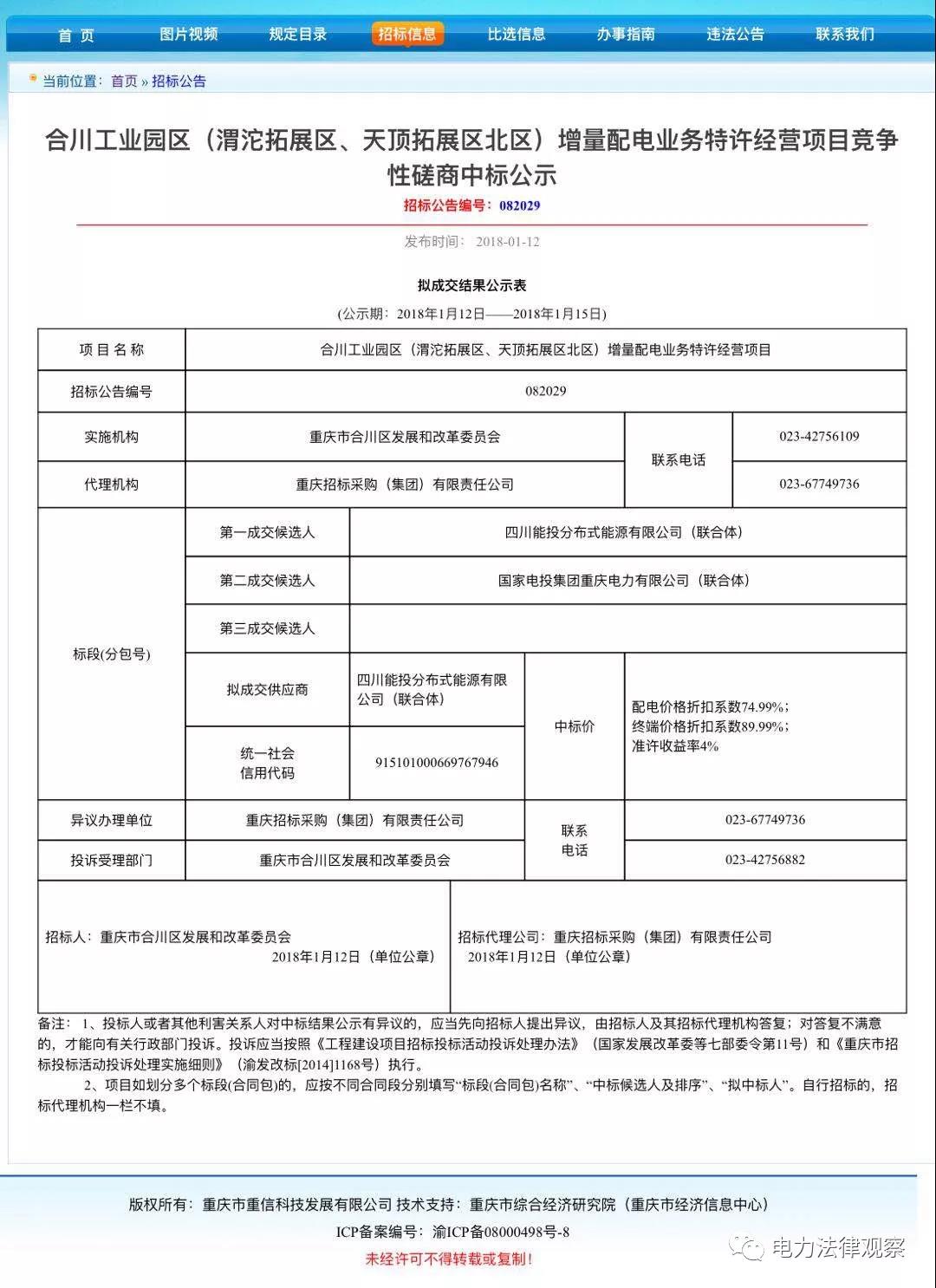 重慶合川增量配電項(xiàng)目?jī)?yōu)選結(jié)果，配電價(jià)下降25%，終端電價(jià)下降10%