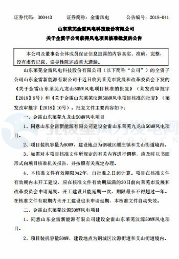 總裝機(jī)100MW 金雷風(fēng)電全資子公司山東2個(gè)風(fēng)電項(xiàng)目獲核準(zhǔn)