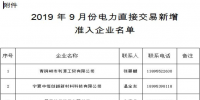 內(nèi)蒙古2019年9月份電力直接交易新增準入企業(yè)名單